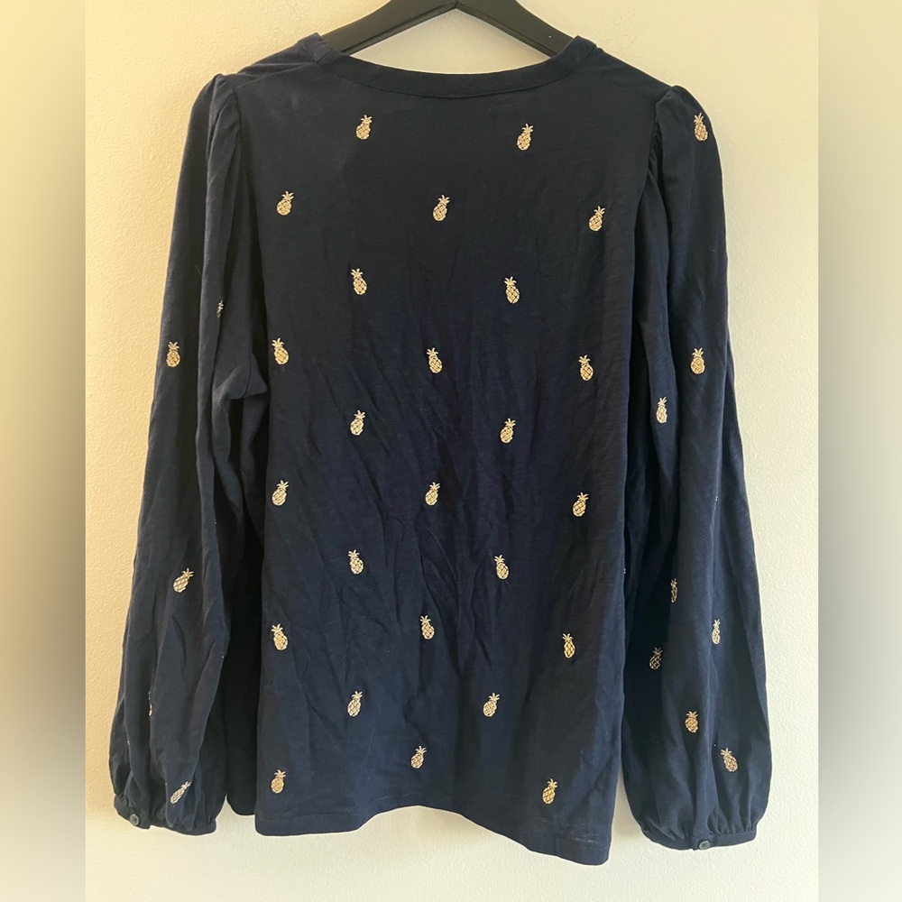 Boden Navy blue button up blouse with gold Pineapple embroidery - Picture 3 of 6